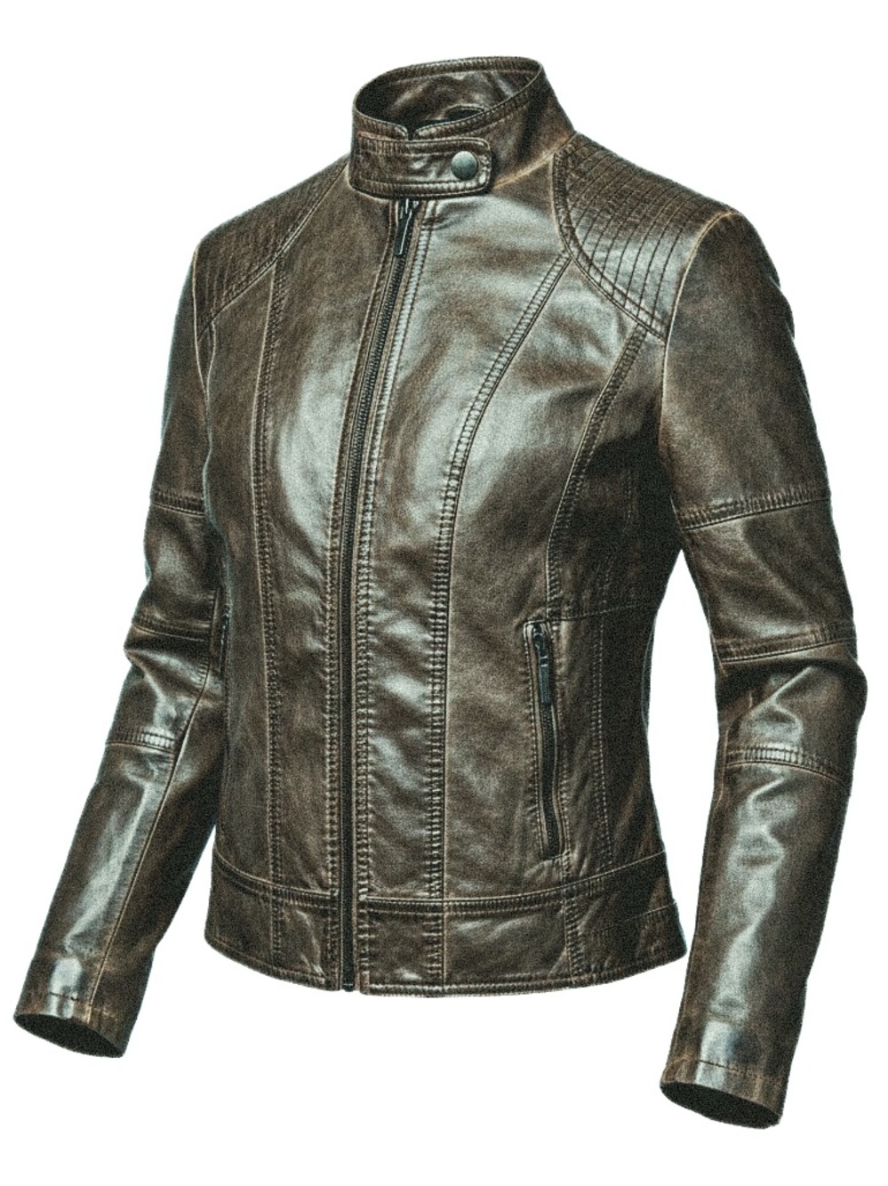 M.S.S.P. Vegan Distressed Faux Leather Brown Moto Jacket Size M
